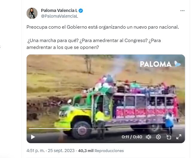 La senadora Valencia denunció que se está haciendo publicidad en emisoras del Cauca para invitar a las marchas convocadas por el Gobierno nacional - crédito @PalomaValenciaL/X