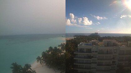A la izquierda, una imagen tomada a las 08:00 horas de este 24 de junio desde el hotel Ixchel Beach, en Isla Mujeres; a la derecha, una imagen captada en el mismo lugar y a la misma hora, el 16 de junio (Foto: WebcamsdeMexico)