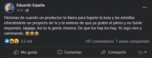 Eduardo España acusó a un desconocido productor de dejarlo fuera de un proyecto. (Foto: Facebook/@Eduardo España)