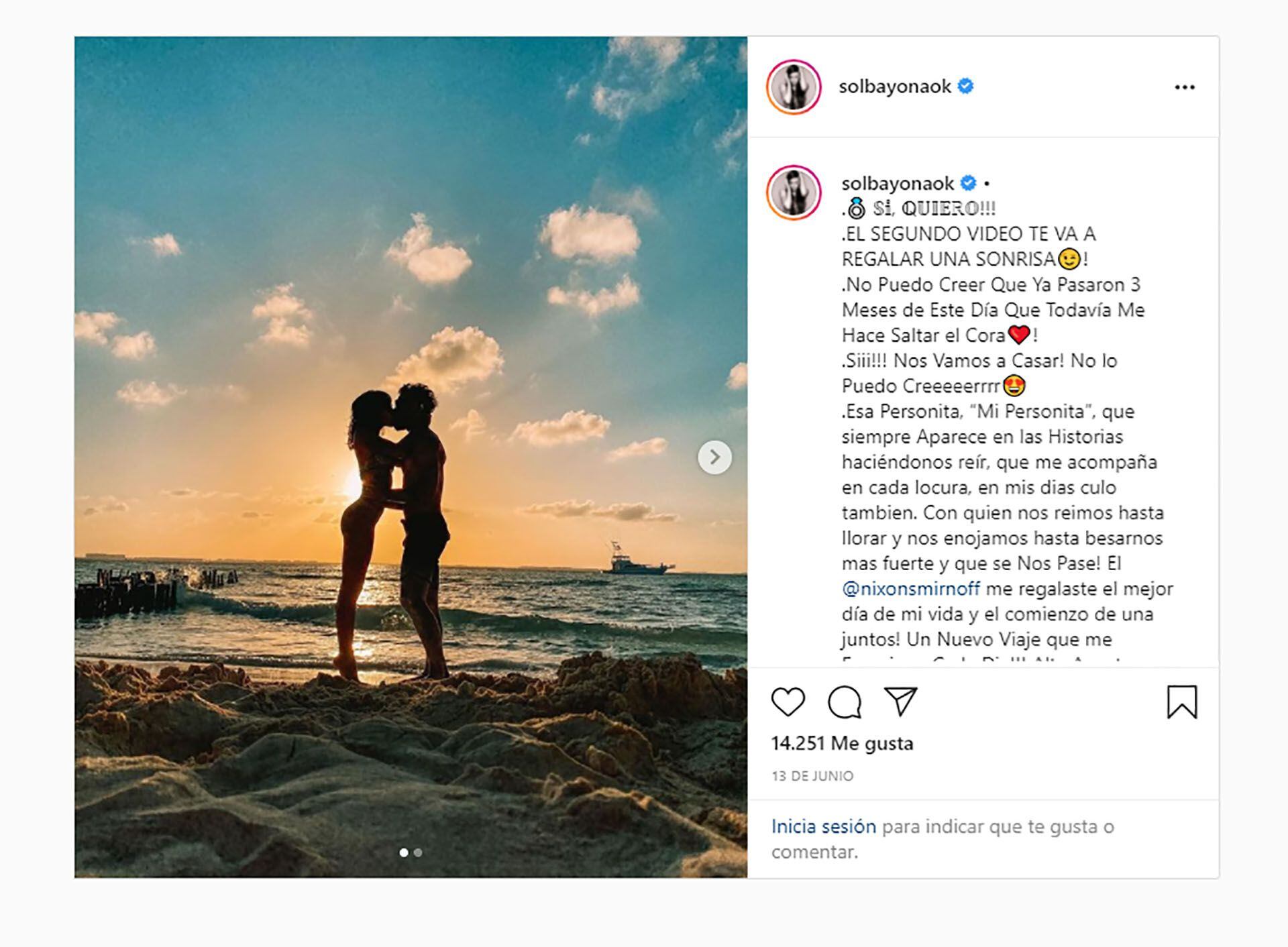 El posteo de Soledad Bayona anunciando su casamiento con Nicolás Smirnoff (Foto: Instagram @solbayonaok)