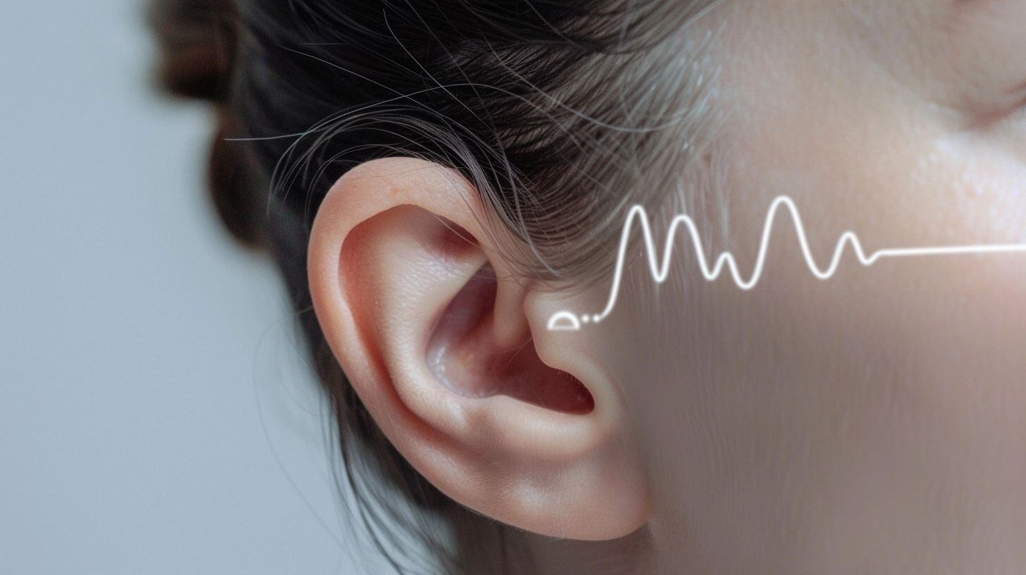 Primer plano de un oído humano interactuando con una vibrante onda sonora, ilustrando el fenómeno de escuchar música y cómo las vibraciones sonoras afectan nuestra percepción auditiva. (Imagen ilustrativa Infobae).