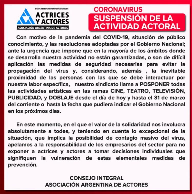 Comunicado de la Asociación Argentina de Actores por el Coronavirus