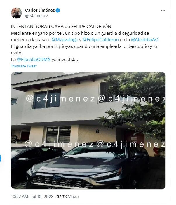 Pese al intento de robo, no se sustrajeron pertenencias de la casa del ex presidente Felipe Calderón (Foto: Twitter@c4jimenez)