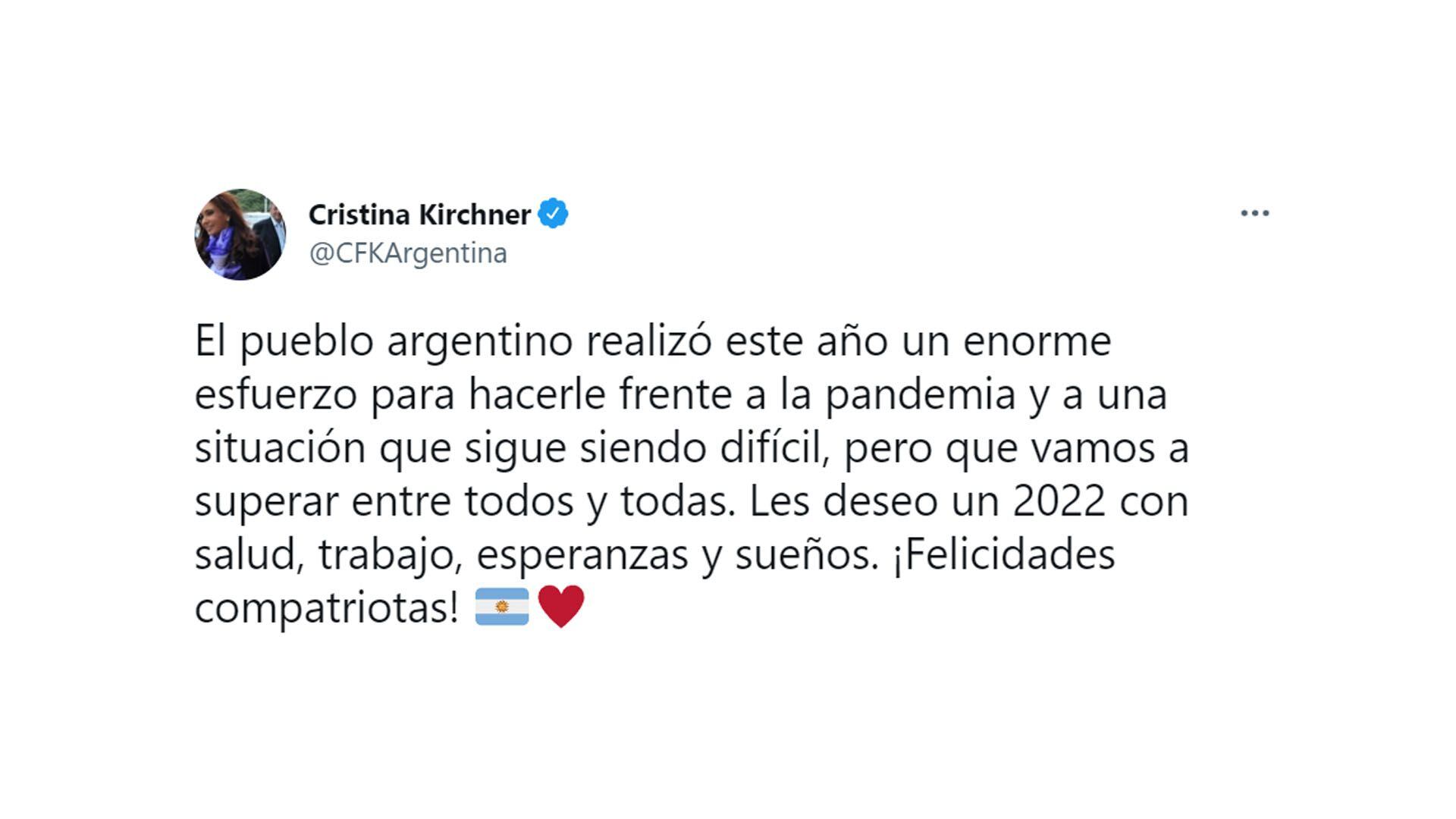 Mensaje de fin de año de Cristina Kirchner tuit