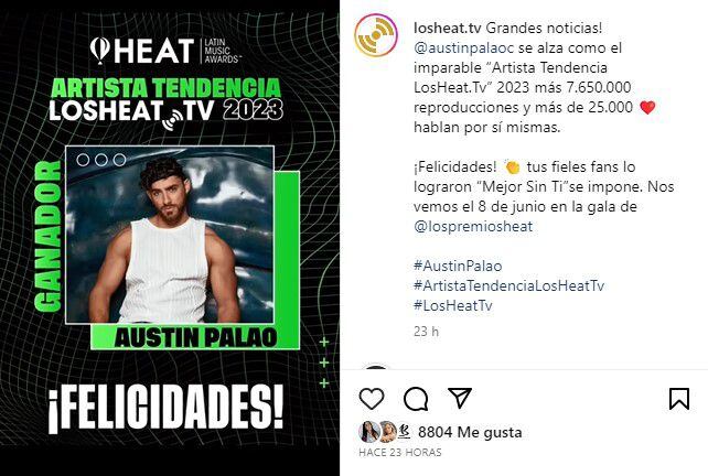 Austin Palao ganó en su categoría en los Premios Heat 2023. (Instagram)