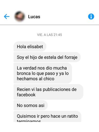 Lucas, el hijo de la dueña de la forrajería, le escribió e Elisabet en Facebook