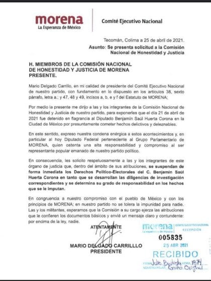 El pedido oficial de Delgado a la CNHJ de Morena para retirarle los derechos políticos al diputado Saúl Huerta (Foto: Cortesía Morena)