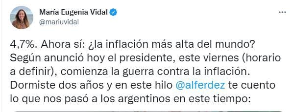 Parte del hilo de tuit que compartió María Eugenia Vidal sobre la inflación