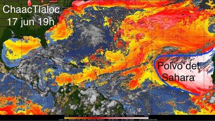 Hasta las 19:00 horas de este 17 de junio, una imagen satelital mostraba la propagación del polvo del Sahara cerca de Veracruz y Tamaulipas  (Foto: Twitter@ChaacTlaloc)