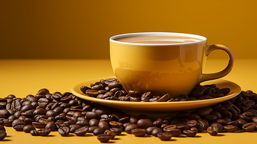 Vista aérea de una taza de café rodeada de granos de café dispersos sobre un fondo simple de color vibrante y saturado. La foto captura la esencia del café, con su aroma, sabor y simple belleza. (Imagen ilustrativa Infobae)