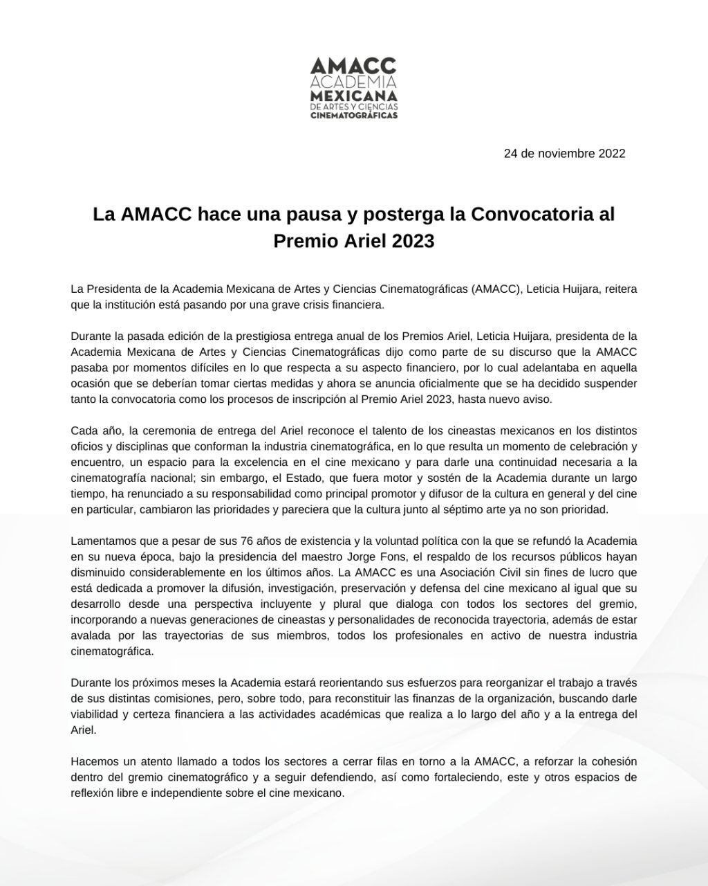 AMACC suspende Premios Ariel