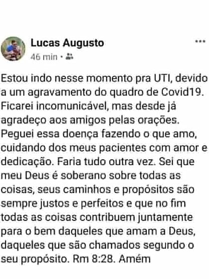 El mensaje de Lucas Augusto Pires en su cuenta de Facebook antes de entrar en la UTI