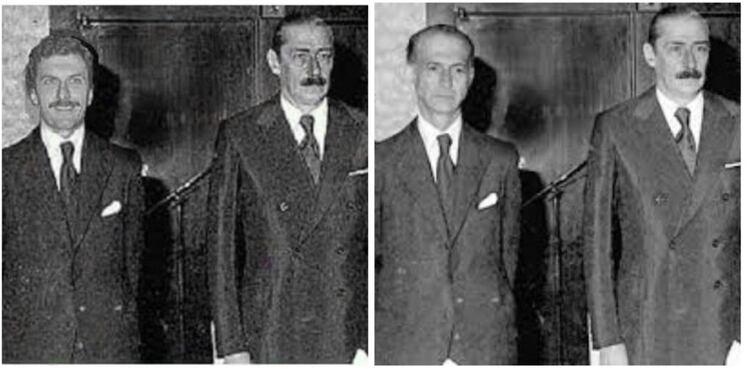 La foto de la izquierda, que muestra a Rafael Videla junto a Macri está trucada. La original muestra al dictador  junto a Alfredo Martínez de Hoz, ministro de Economía durante la última dictadura militar (Chequeado).