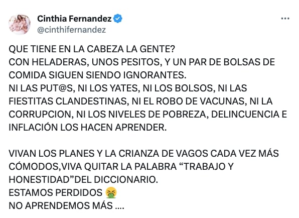 El descargo de Cinthia Fernández tras conocerse el resultado de las elecciones (X, antes conocido como Twitter)