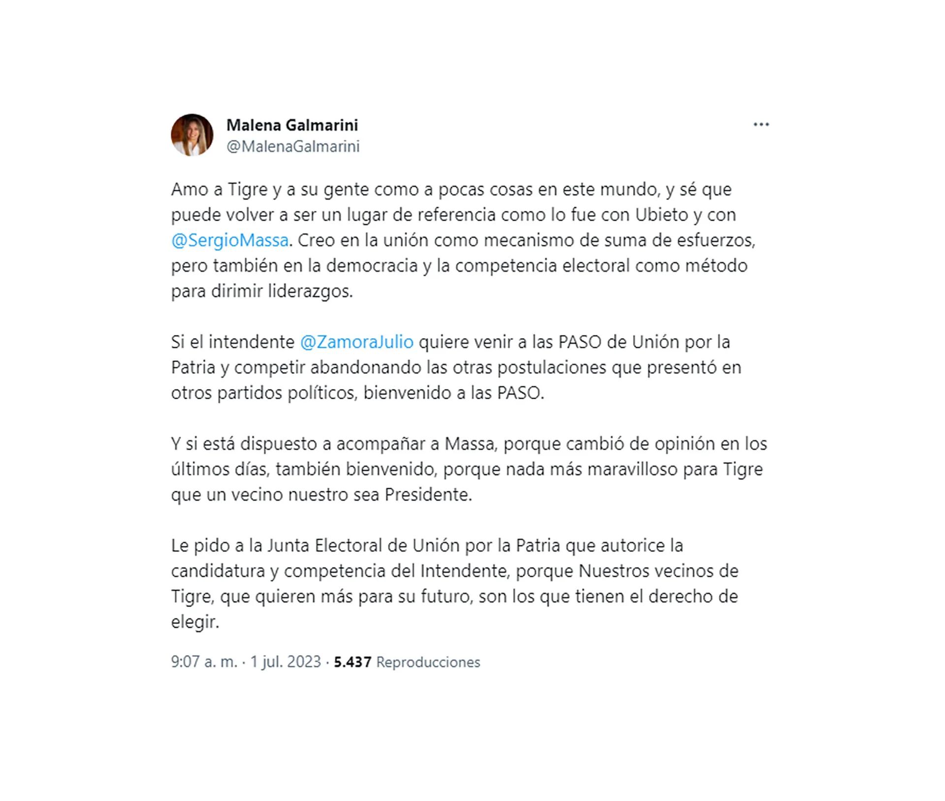 Esta es la carta que Malena Galmarini escribió en su Twitter