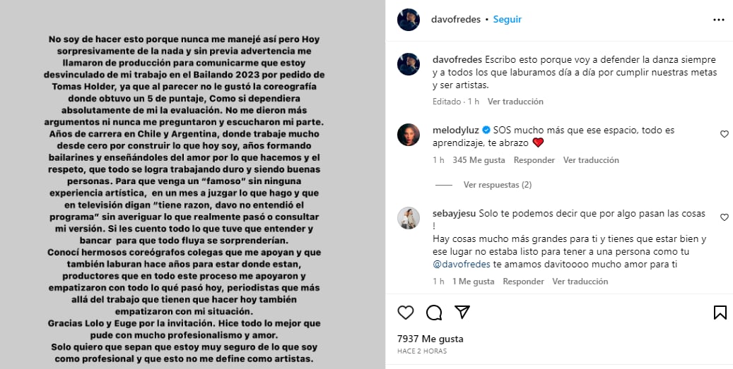 El mensaje del coach de Tomás Holder tras su desvinculación de Bailando 2023 (Instagram)