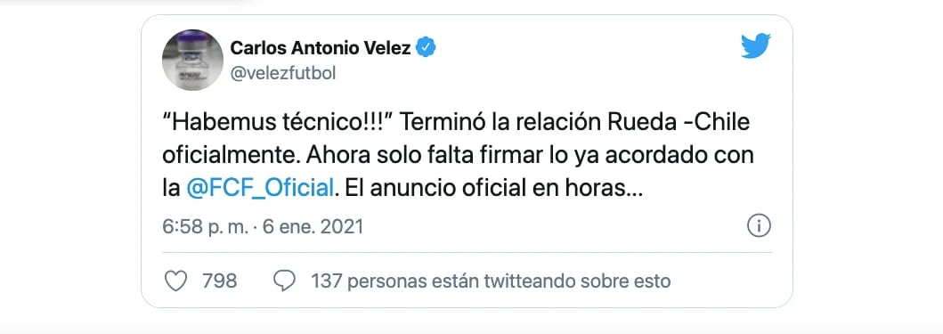 Carlos Antonio Vélez vaticinó vía Twitter la llegada oficial de Reinaldo Rueda a la dirección técnica de la Selección Colombia de fútbol / (Twitter: @velezfutbol).
