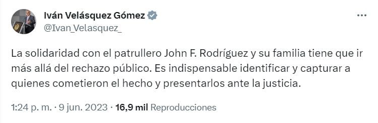 El ministro de Defensa, Iván Velásquez, pidió la captura de los responsables de herir a dos uniformados durante las manifestaciones en la Universidad Nacional de Bogotá (@Ivan_Velasquez_/Twitter)