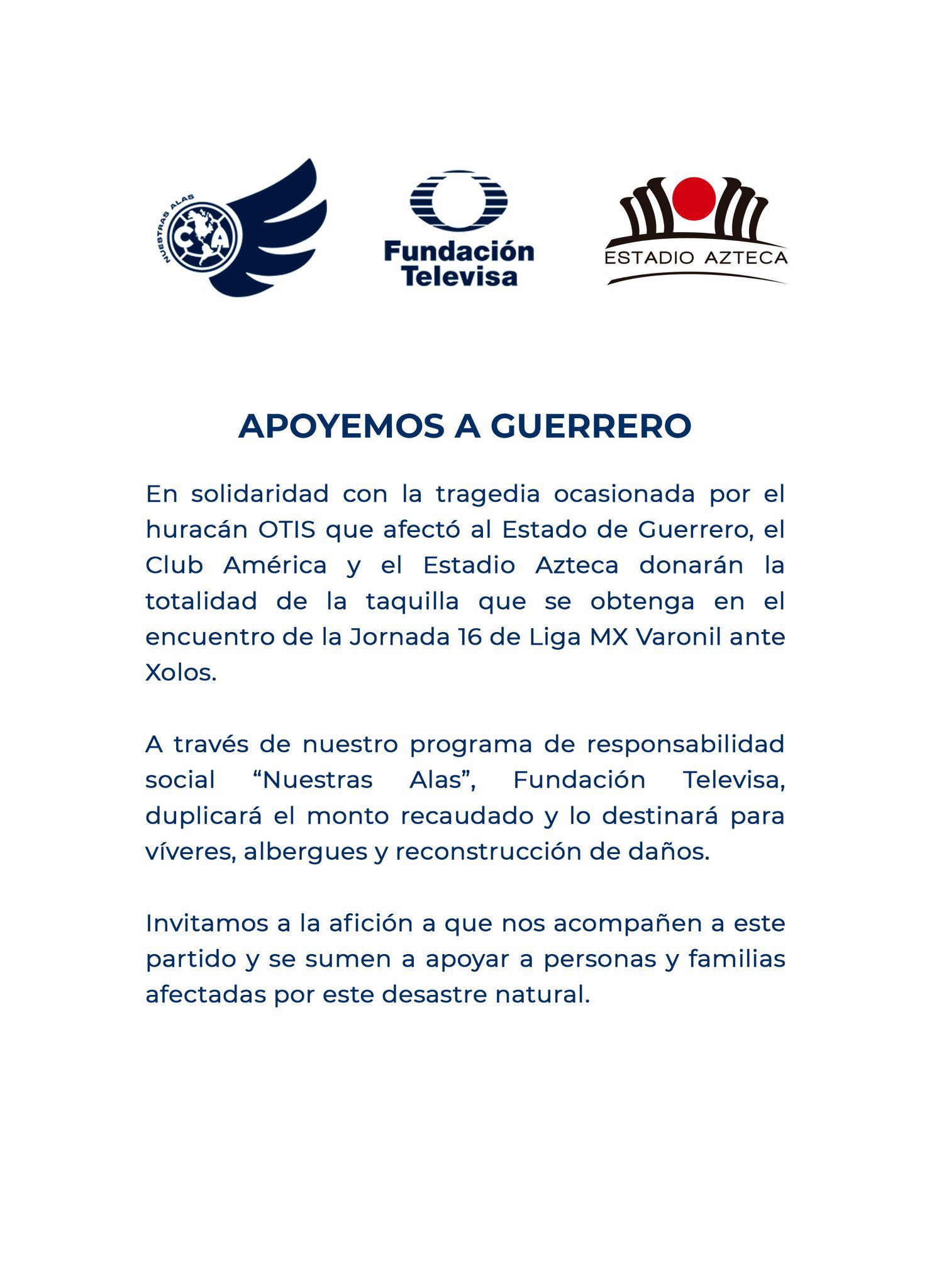 club América donará su taquilla a Guerrero por huracán Otis