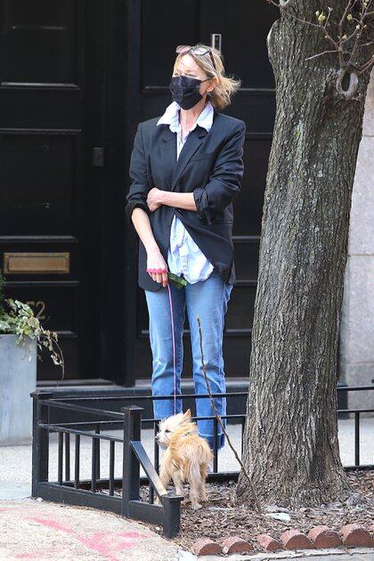 Naomi Watts sacó a pasear a su perro por las calles de Nueva York. La actriz lució un jean, camisa celeste y saco negro