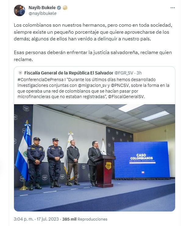 El presidente de El Salvador, Nayib Bukele, se "despachó en su perfil de Twitter contra el accionar de ciudadanos colombianos capturados en su país.