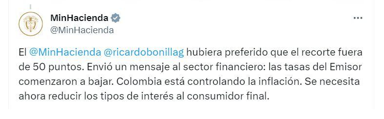 Publicación del Ministerio de Hacienda sobre la reducción de la tasa de interés del Banco de la República - crédito @MinHacienda/X