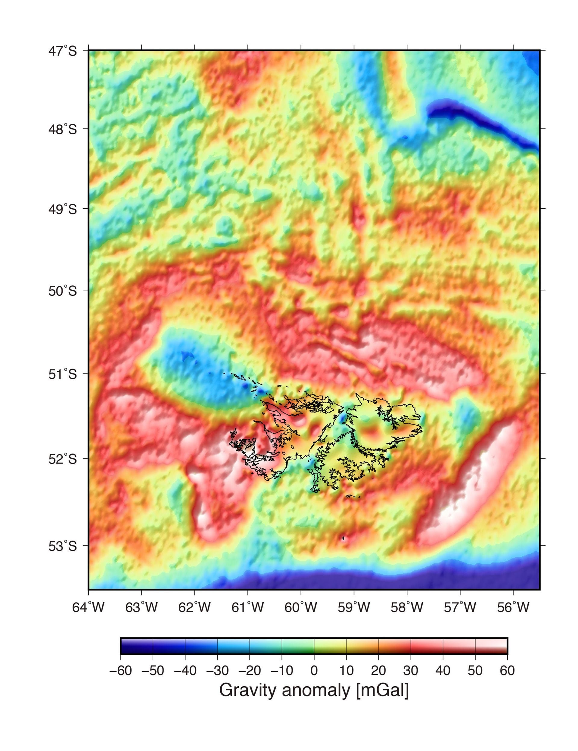 El mapa de anomalías gravimétricas compartido por Dietmar Müller. Muestra un posible cráter de impacto al lado de Malvinas