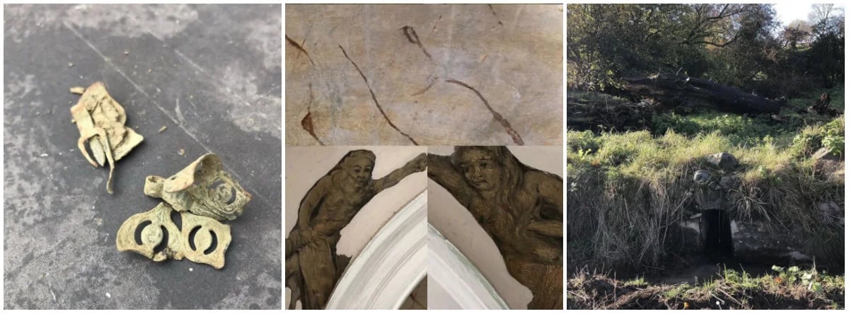 Objetos de decoración de metal, una pintura que creen representaba a Adán y Eva y escondrijos interesantes se han hallado por toda la propiedad Foto: (Instagram plaus.uchaf) 