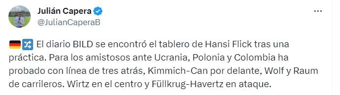 Así formaría el cuadro alemán contra la "Tricolor" el 20 de junio, según el periodista Julián Capera