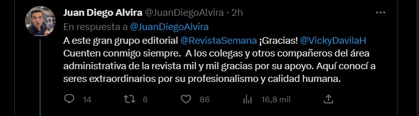 La publicación confirmó que Juan Diego no sigue en Semana. Crédito: captura @JuanDiegoAlvira/Twitter