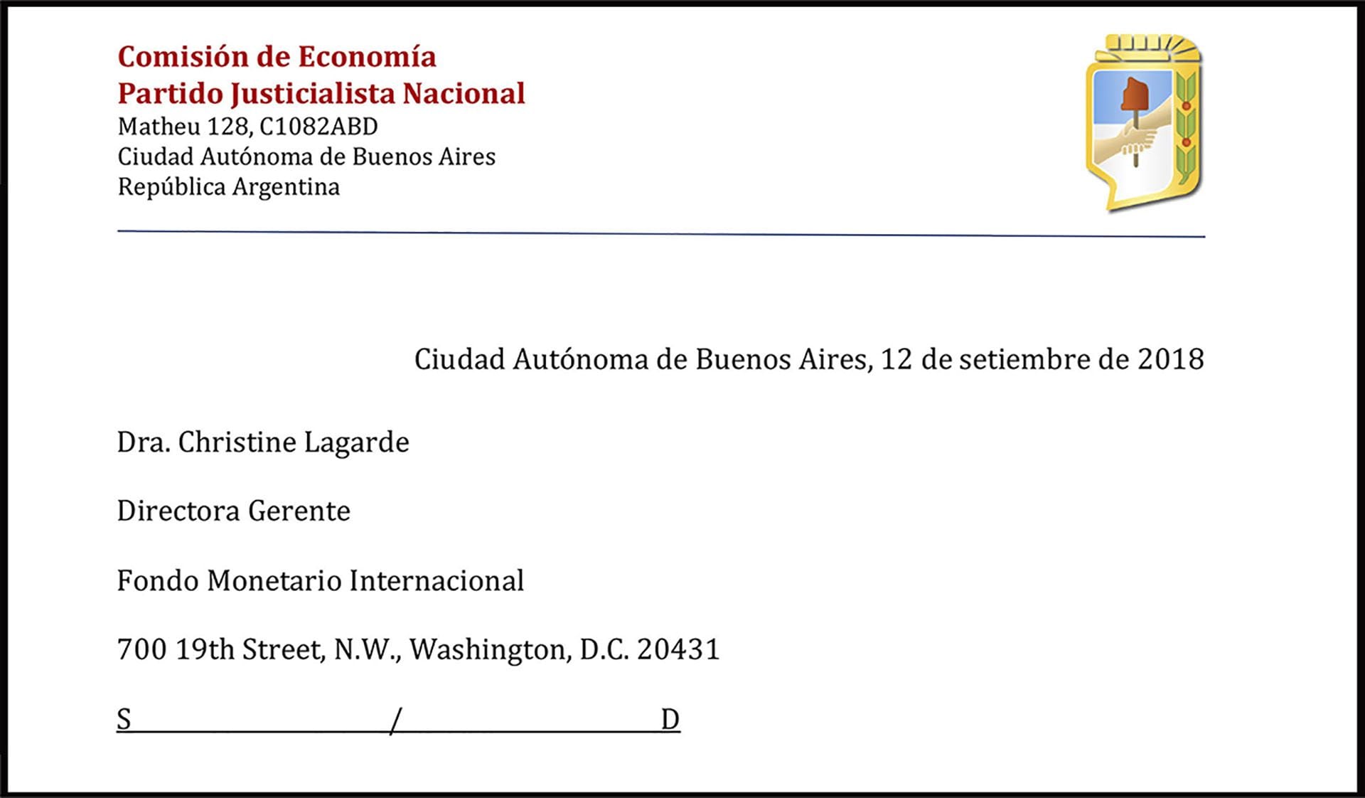 La carta al FMI firmada por Guillermo Moreno, en carácter de responsable de la Comisión de Economía del Partido Justicialista Nacional.