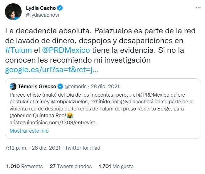 Lydia Cacho pointed out Roberto Palazuelos for an alleged money laundering, disappearance and dispossession network in Quintana Roo