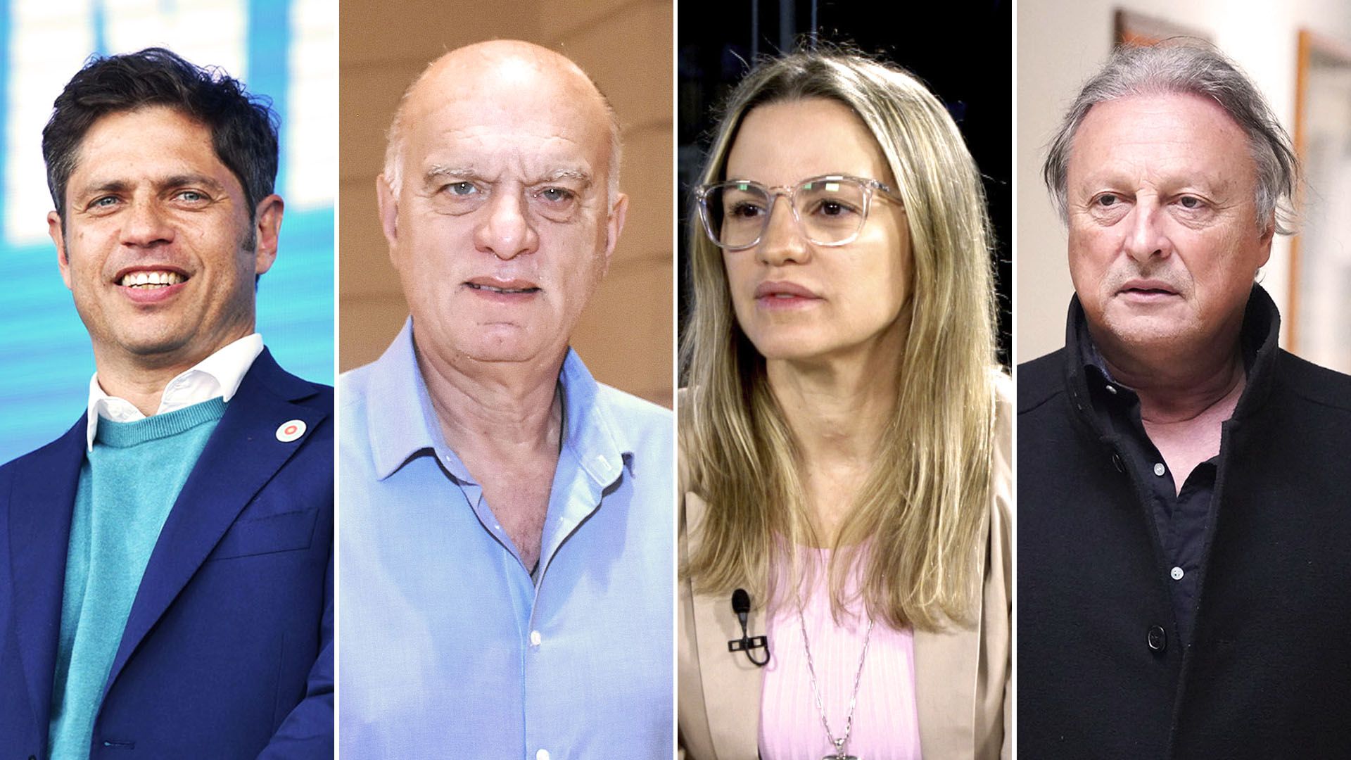 Axel Kicillof, Néstor Grindetti, Carolina Píparo y Rubén Sobrero, candidatos a gobernador en las elecciones de la provincia de Buenos Aires 2023.