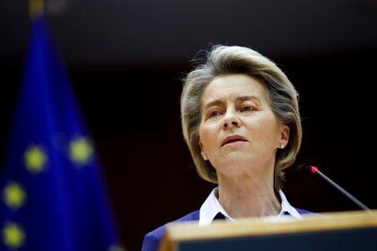 European Commission President Ursula Von Der Leyen addresses European lawmakers during a plenary session on the inauguration of the new President of the United States and the current political situation, at the European Parliament in Brussels, Belgium, January 20, 2021. Francisco Seco/Pool via REUTERS