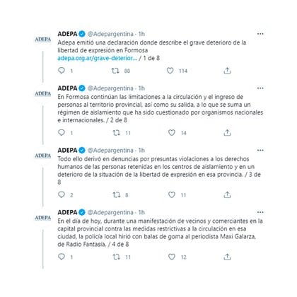 Captura de Twitter de parte del comunicado de ADEPA