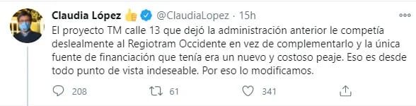 Tweet de Claudia López explicando cómo sería el proyecto de transmilenio por la calle 13. Foto: Twitter Claudia López.