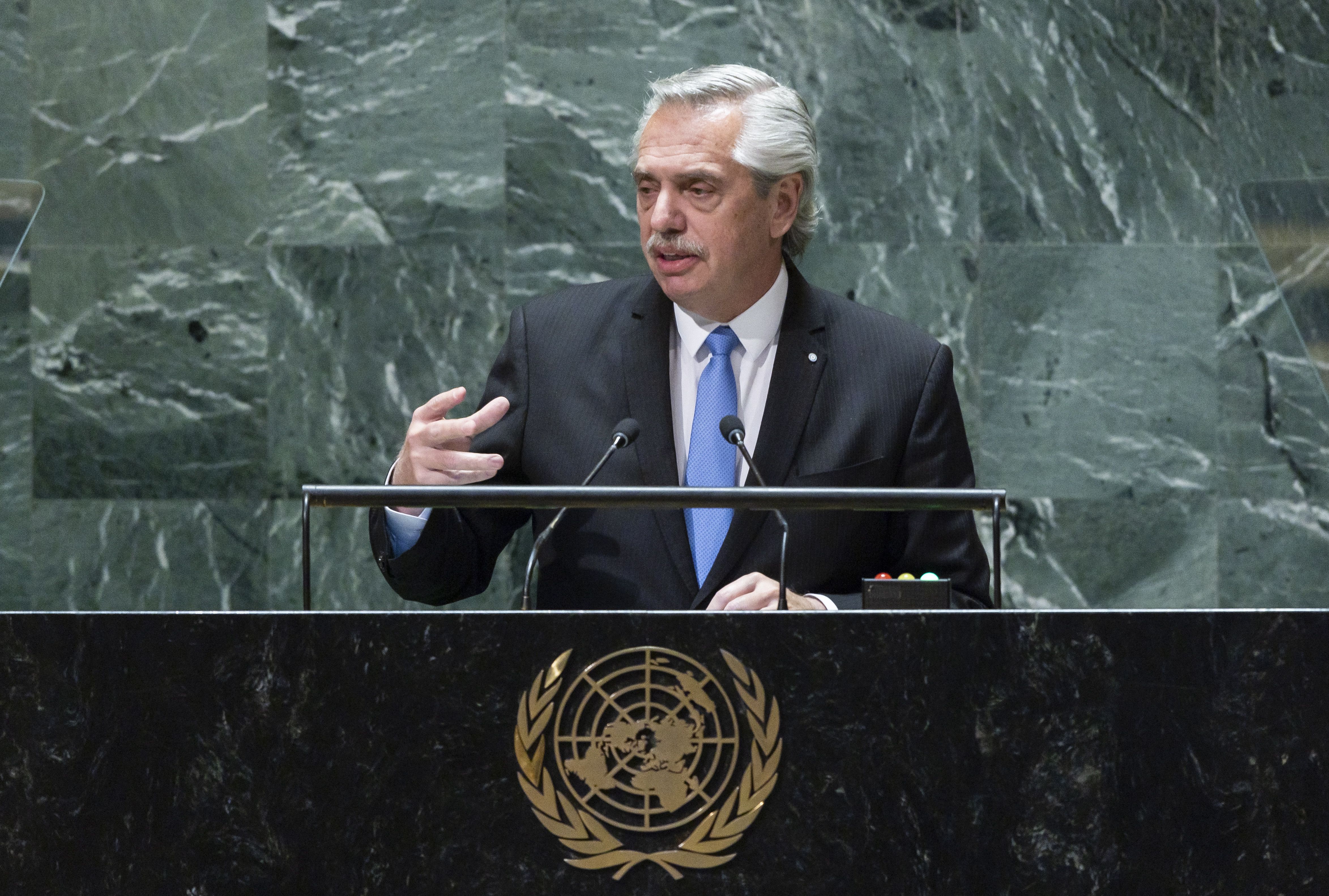 El Presidente durante su intervención el 19 de septiembre en la 78 Asamblea General de las Naciones Unidas, en la sede de la ONU, en Nueva York (EFE)
