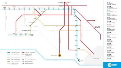 Mapa de las líneas del metro de Bogotá. Foto: Metro de Bogotá.