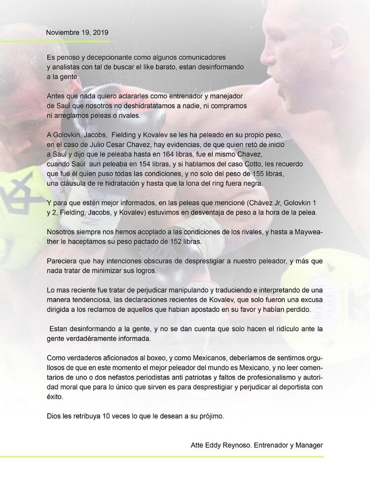Comunicado de prensa del equipo de Saúl Álvarez (Foto: Twitter: CANELOTEAM)