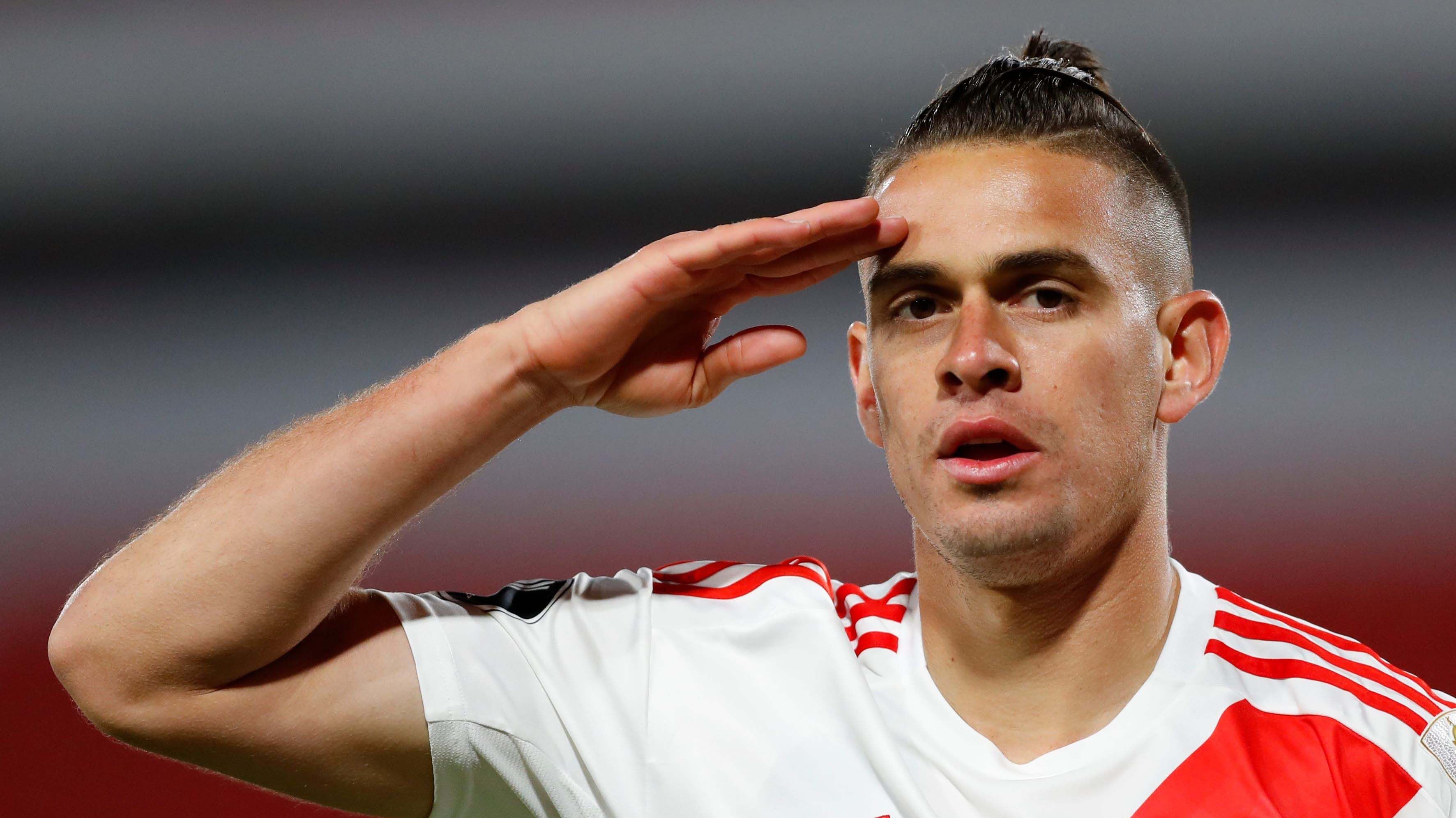 Soccer Football - Copa Libertadores - River Plate v Liga de Quito - Estadio Libertadores de America, Buenos Aires, Argentina - October 20, 2020 River Plate's Rafael Santos Borre celebrates scoring their first goal Pool via REUTERS/Agustin Marcarian