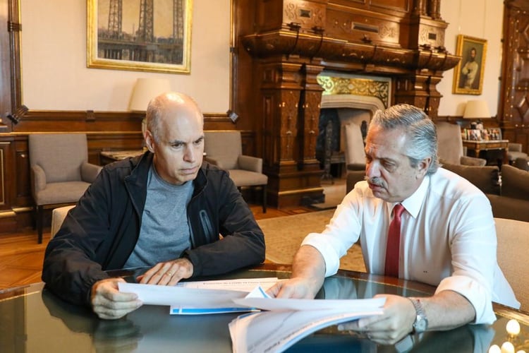 Alberto Fernández y Horacio Rodríguez Larreta durante una reunión de trabajo en la Casa Rosada