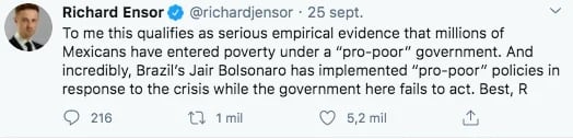Richard Ensor consideró que sus argumentos son evidencia empírica seria de que un gobierno “pro pobres” ha dejado a millones de mexicanos en la pobreza (Foto: Twitter)