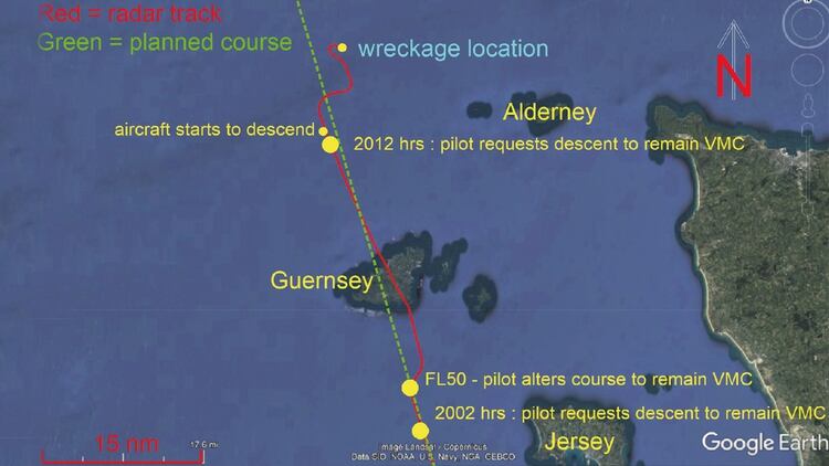 Recorrido del Piper Malibu según los controladores en Guernsey.