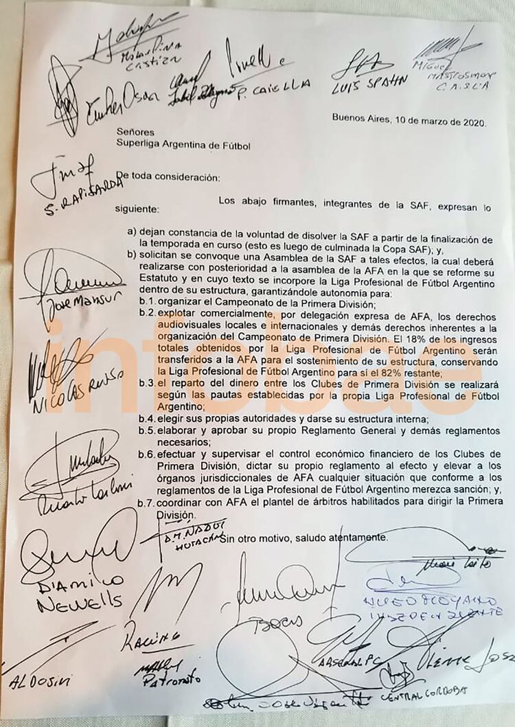 La carta que firmaron los directivos para presentar ante Superliga