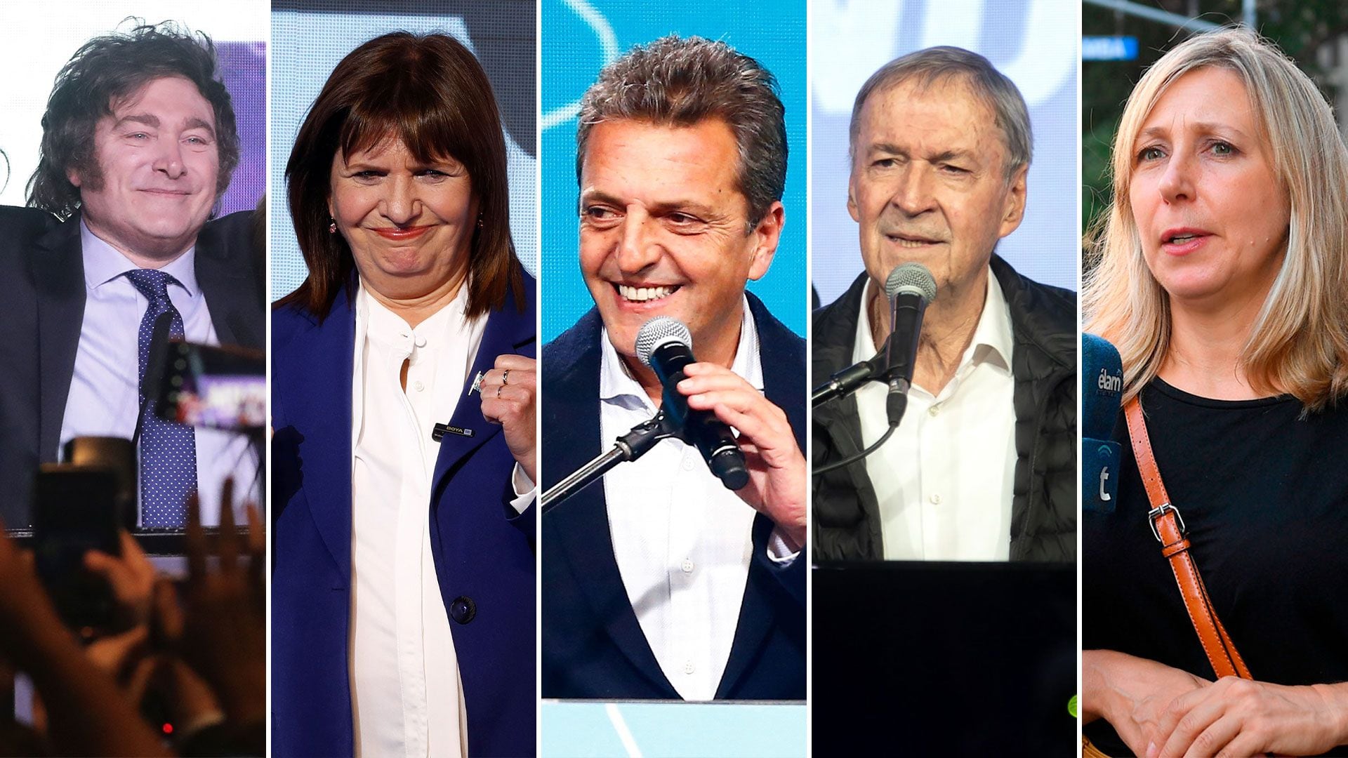 Javier Milei, Patricia Bullrich, Sergio Massa, Juan Schiaretti y Myriam Bregman, los candidatos a presidente en las elecciones 2023 en Argentina