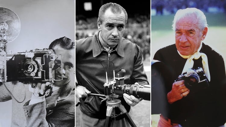 Don Ricardo Alfieri en sus comienzos como fotógrafo; al centro, preparando el teleobjetivo antes de que empezara un partido; a la derecha, con su réflex en mano y pañuelito amarillo, cábala del maestro.