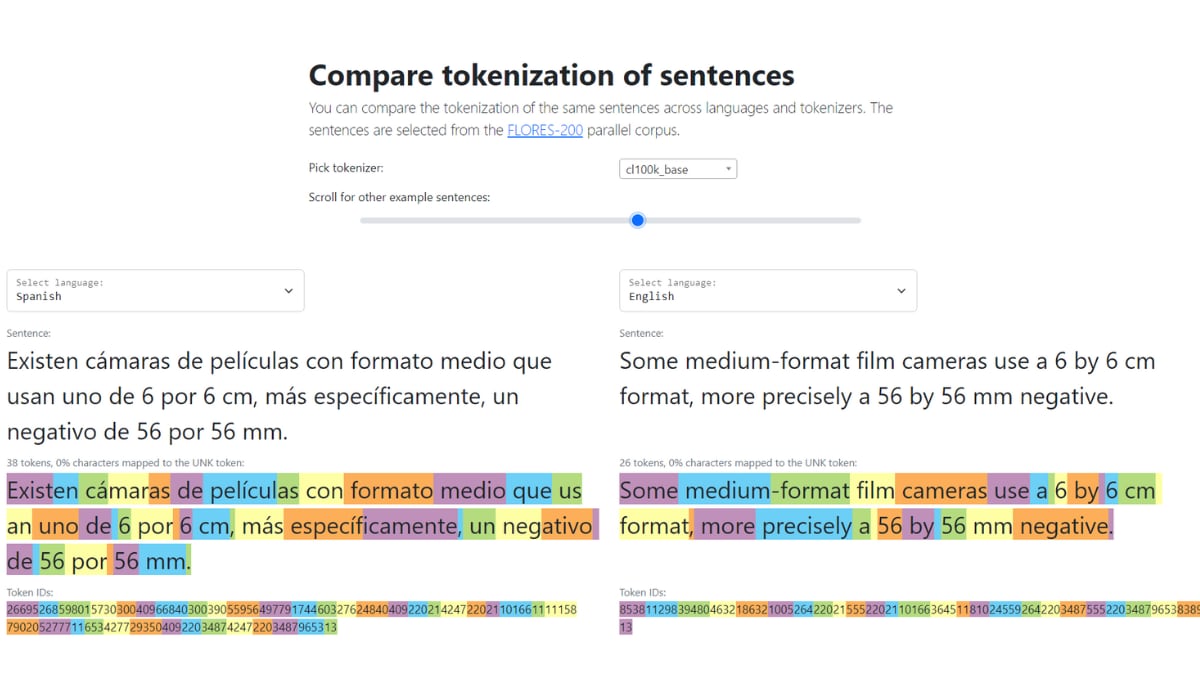 Comparación de tokenización de dos oraciones en inglés y español. (Captura de pantalla)