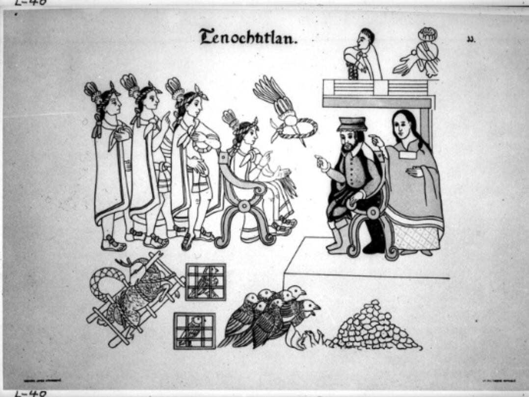 Lámina que muestra el encuentro de Hernán Cortés con Moctezuma en Tenochtitlán (Foto: INAH)