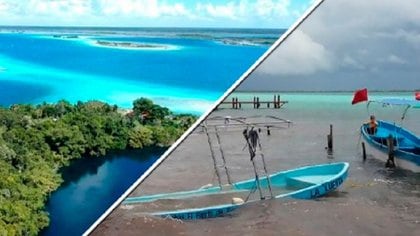 Una imagen que muestra el cambio de colores en la Laguna de Bacalar, al sur de Quintana Roo (Foto: Twitter UNAM)