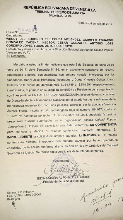 La sentencia del TSJ firmada por la ahora presidenta del CNE